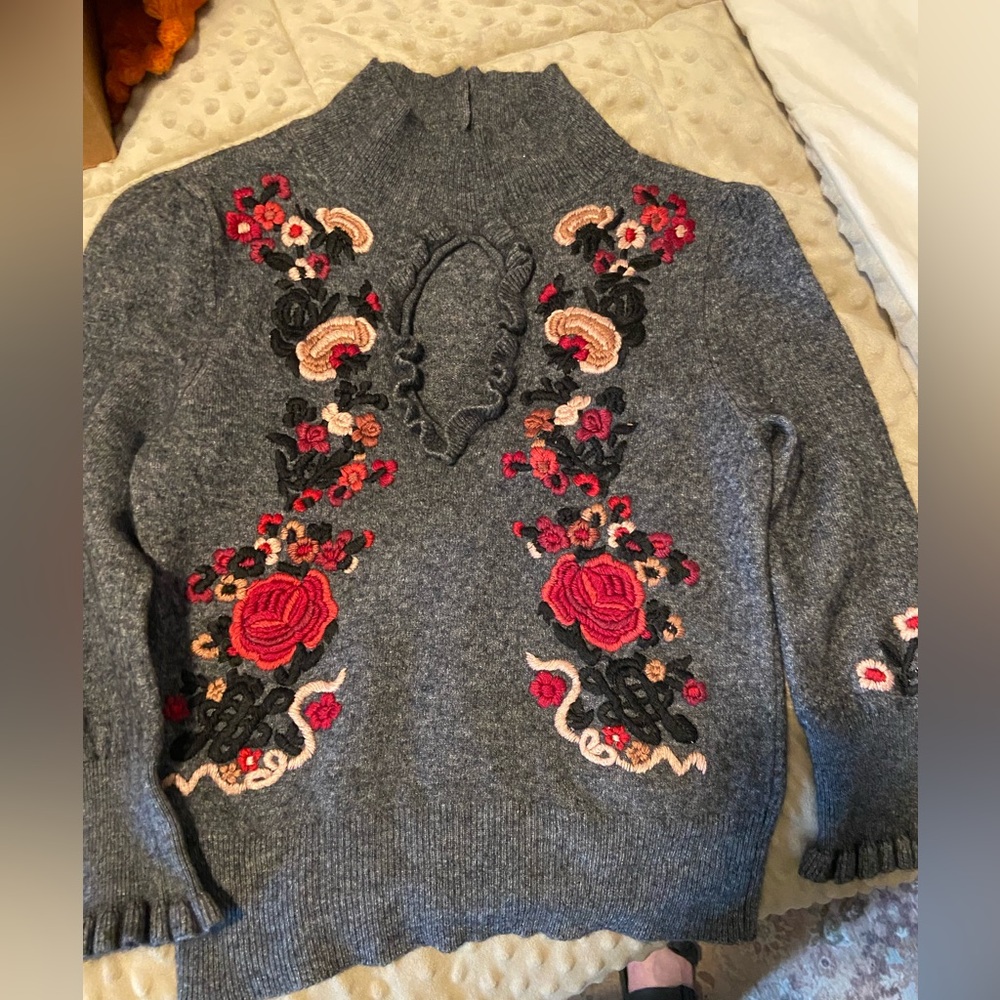 Nanette Lepore Embroidered Gray Sweater with Floral Accents